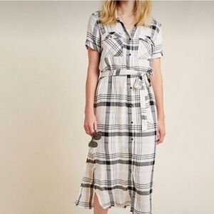Anthropologie Cloth & Stone Black and White/Cream Plaid Tie Midi Dress